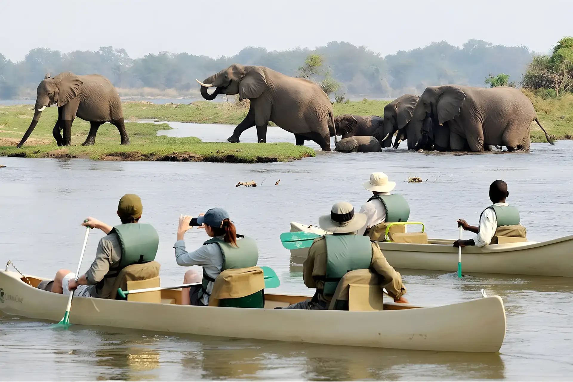 Elephants near the water during a canoe safari in Arusha National Park, Tanzania, with visitors observing from canoes.