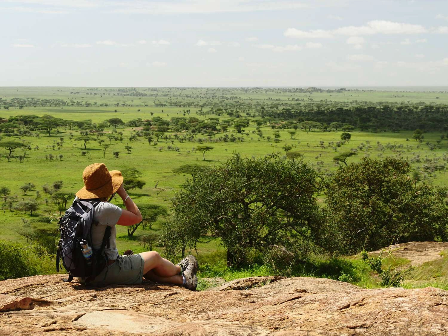 A traveler exploring the Serengeti plains at sunrise during Tanzania safari adventures for authentic experiences, with elephants in the distance and mist rising over the golden grasslands